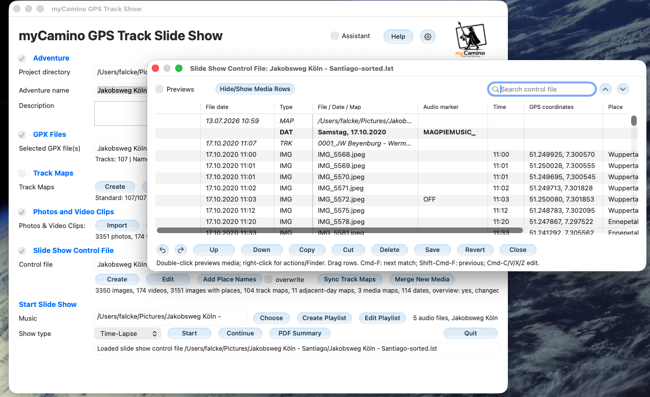 A screenshot of the myCamino GPS Track Show application, displaying options for a slide show project titled "Jakobsweg Köln." Key elements include sections for GPX files, track maps, photos, video clips, and a control file.
