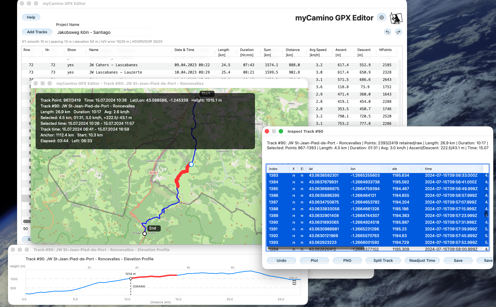 The image displays a software interface for the myCamino GPX Editor, showing various GPX track data for a route from St-Jean-Pied-de-Port to Roncesvalles. It features a map with a highlighted route, detailed track statistics