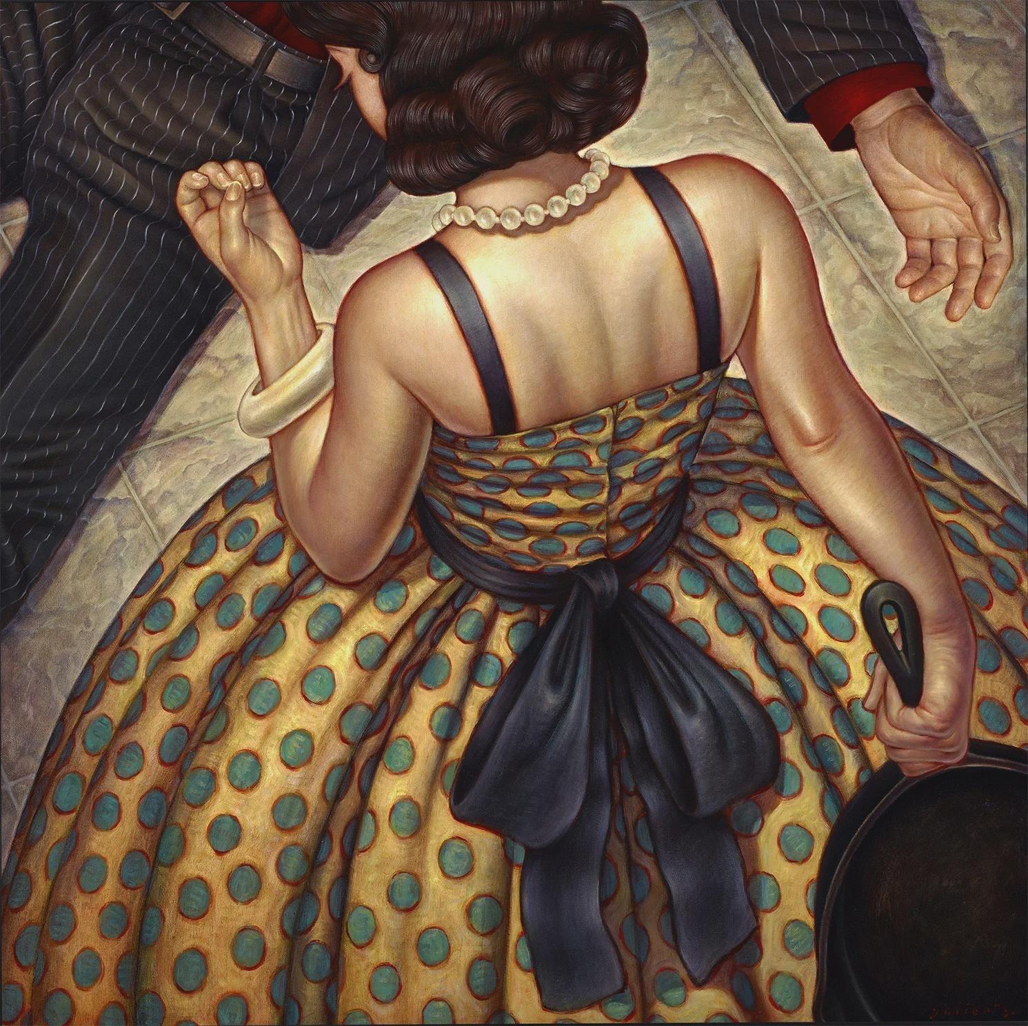 An overhead view of a woman in a polka dot dress with a black bow at the waist, wearing a pearl necklace and an armband. She holds a frying pan in one hand while her other hand is clenched. A man, dressed in
