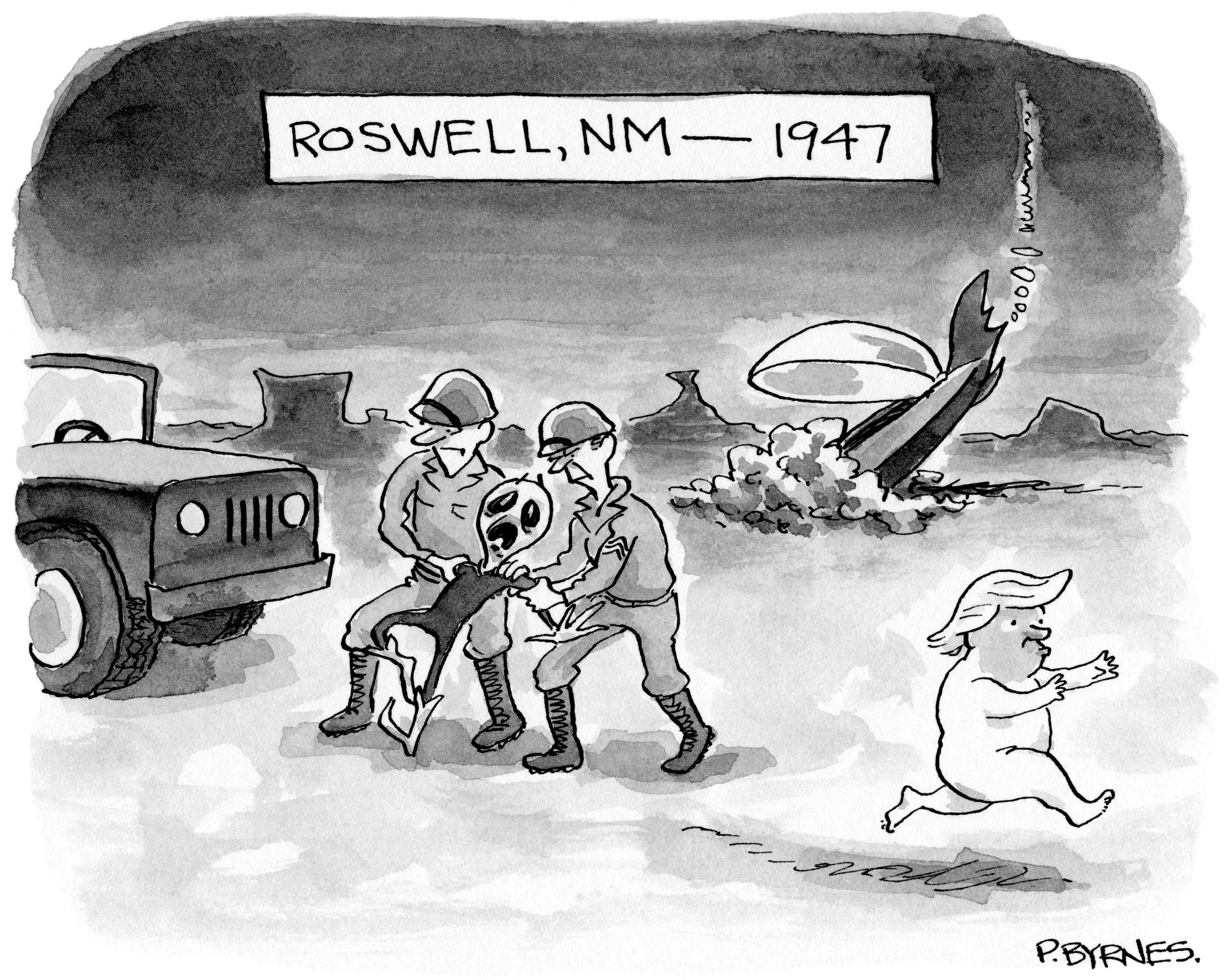 a cartoon.
a crashed flying saucer in the background. military personnel hustle away the ET, while a baby Trump flees the scene. the ET is screaming in frustration.
