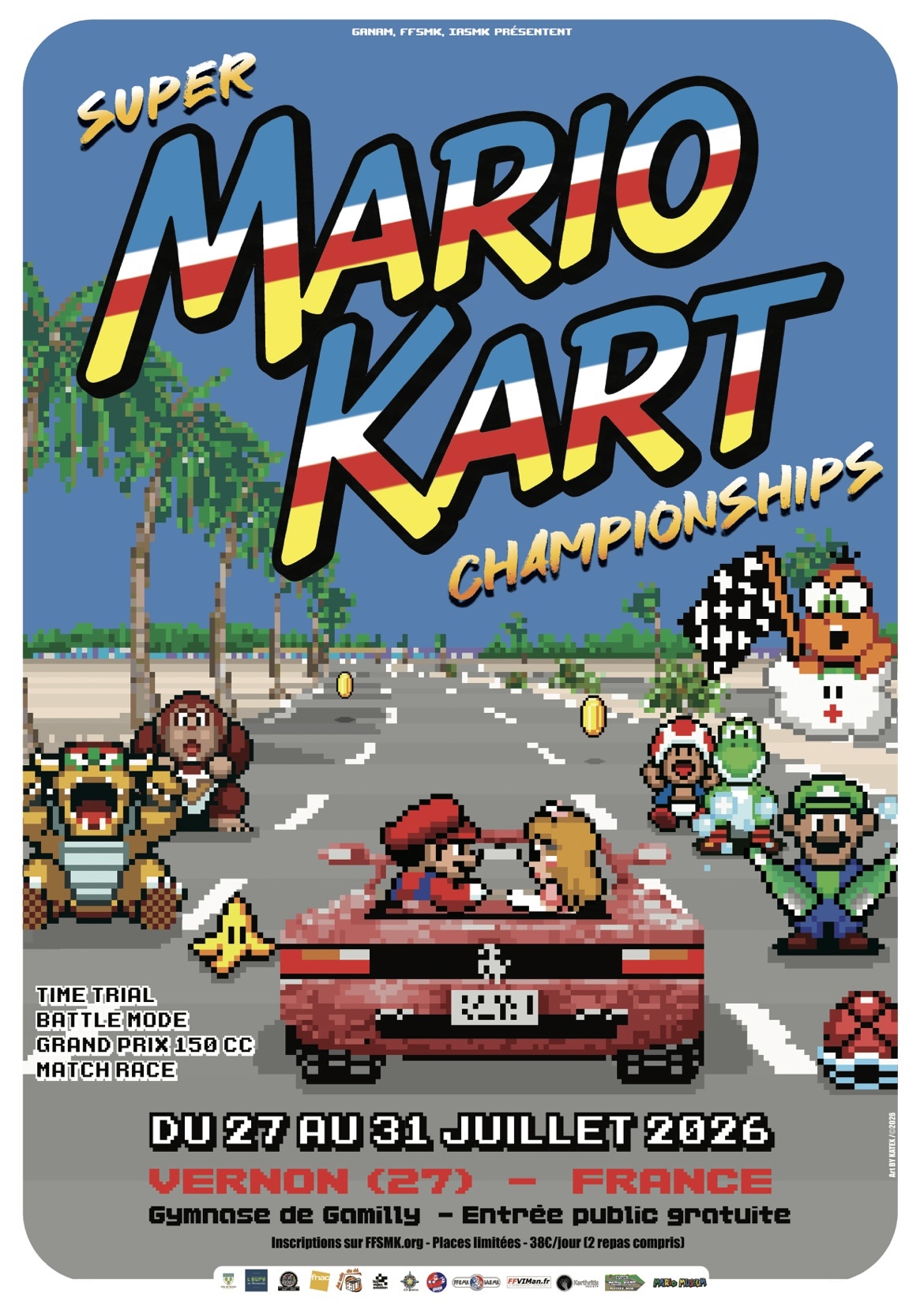 Poster for the de Super Mario Kart championships, showing Mario and Peach, back to the camera, in a pixelated pink car on a beach-side road with palm trees on the side. Characters of the franchise stand on the side of the road.
Informations written (in French):
Super Mario Kart championships, July 27th to 31st, Vernon (27) - France, Gymnase the Gamilly - public entrance free, sign up at ffsmk.org - limited places - 38€ per day (2 meals included).
