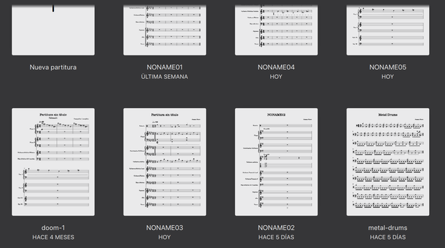 Musescore showing various scores for metal songs called "NONAME_XXX".