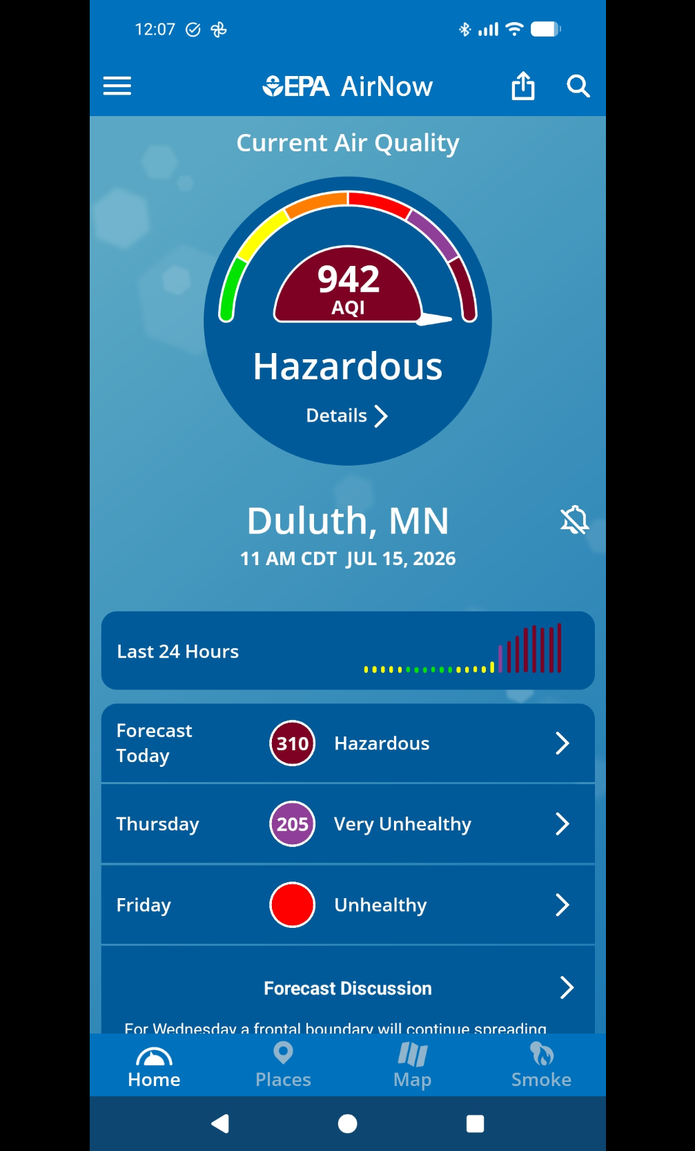 US EPA Air Now application displaying extremely hazardous air quality for Duluth Minnesota reading is 942 aqi