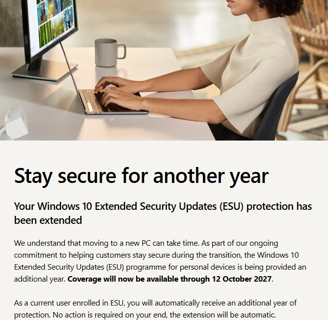 MS email notifying of extension of Win10 support
