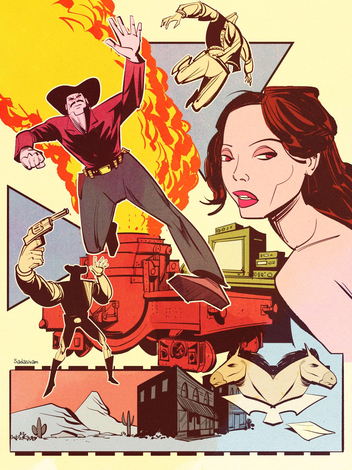 cowboys, trains, and other western elements make up this illustrated montage.