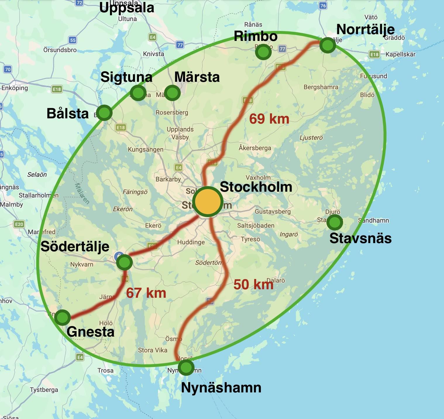 A map showing Stockholm, Sweden, and its surrounding town which can be reached with a single ticket fare.