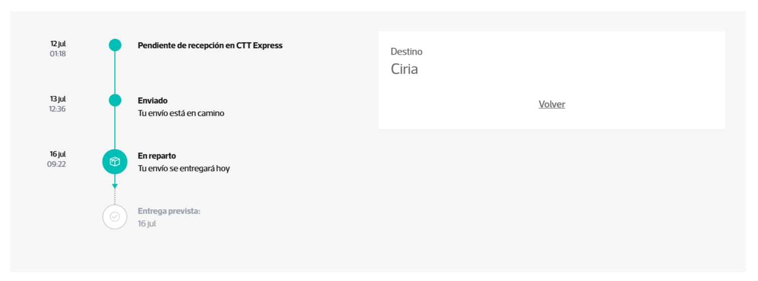 Pantallazo del seguimiento online de un pedido, donde a las 09.22 de hoy avisan que el envío será el 16 de julio (hoy) con la nota "tu envío se entregará hoy". El destino es Ciria (mi pueblo). El diseño es idéntico al que me enviaron ayer. Ayer también decían que el envío era ayer.