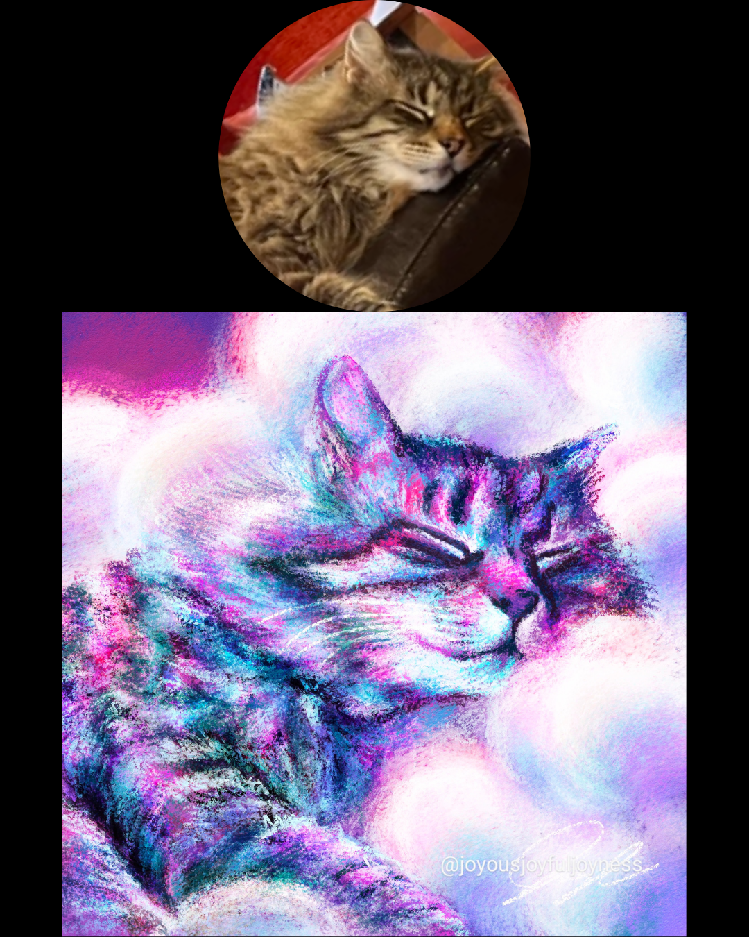 Painting of a cat named Keekee sleeping on a cloud. The artist's signature and @joyousjoyfuljoyness watermark are on the bottom right.