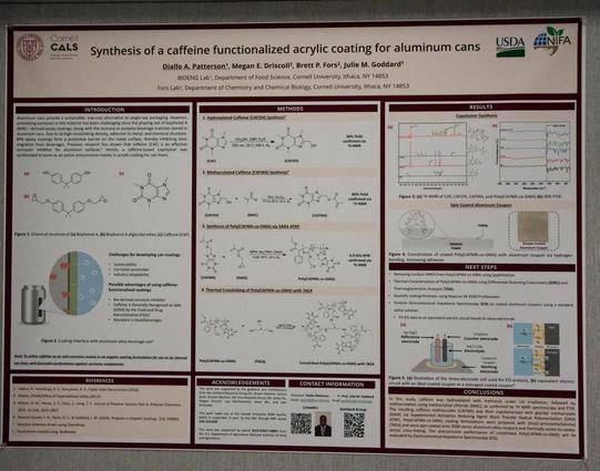 Poster describing research "Synthesis of a caffeine functionalized acryllic coating for aluminum cans" divided into panels with lots of chemical diagrams.