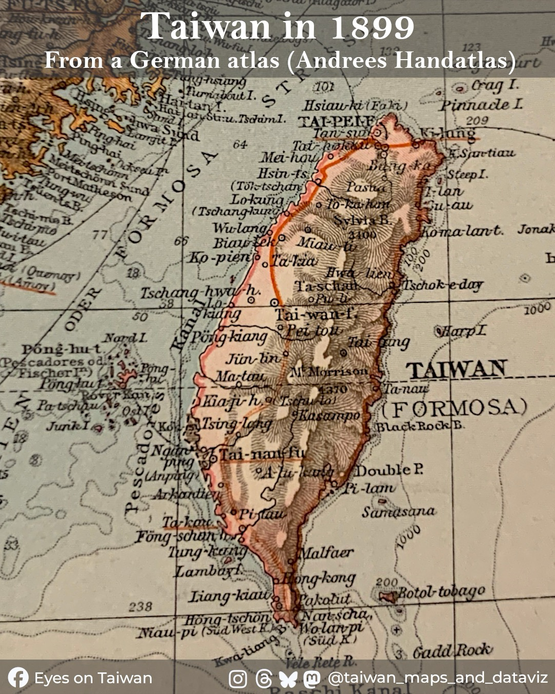 1899 German atlas map of Taiwan with historic place names and German-style romanization.