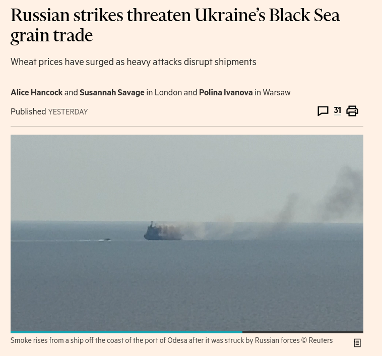 Ukraine is struggling to ship grain via the Black Sea as Moscow steps up strikes on commercial vessels in retaliation for a week of heavy attacks by Ukraine on Russian shipping. #Russia