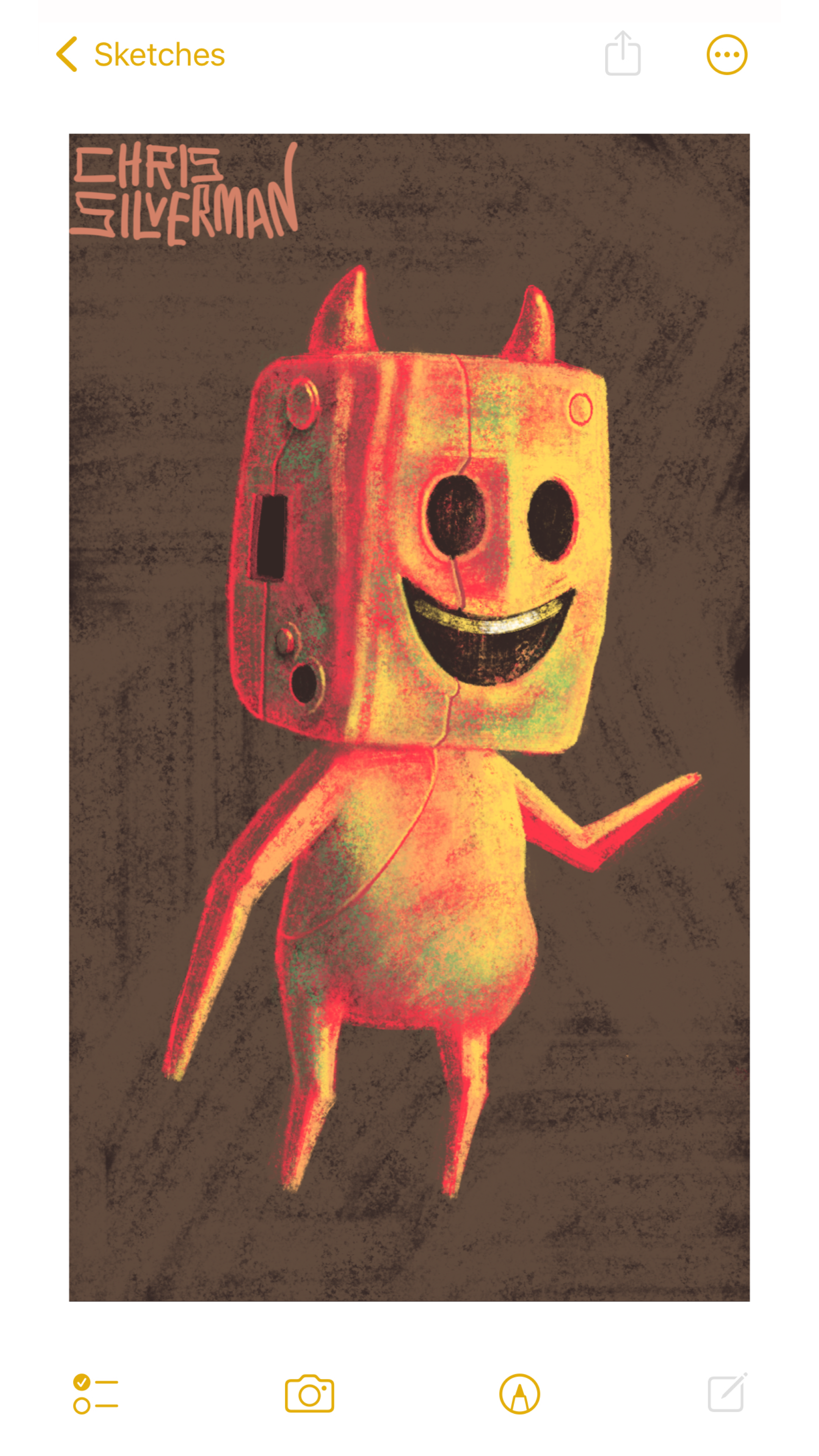 A reddish-yellow toy devil against a brown background. The devil's head has several seams, holes, and nubs; the kind you would expect on a cheap plastic toy. The devil's face is a simple emoji-style smiling face: empty eyes, teeth. One arm is raised. The painting is signed "Chris Silverman".