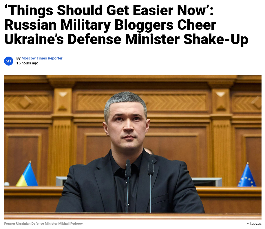 Russian military bloggers praised the dismissal of Ukraines Defense Minister Mykhailo Fedorov, who has been credited with cutting bureaucracy and boosting drone warfare against Russia, saying the shake-up would only benefit Moscow. #Russia