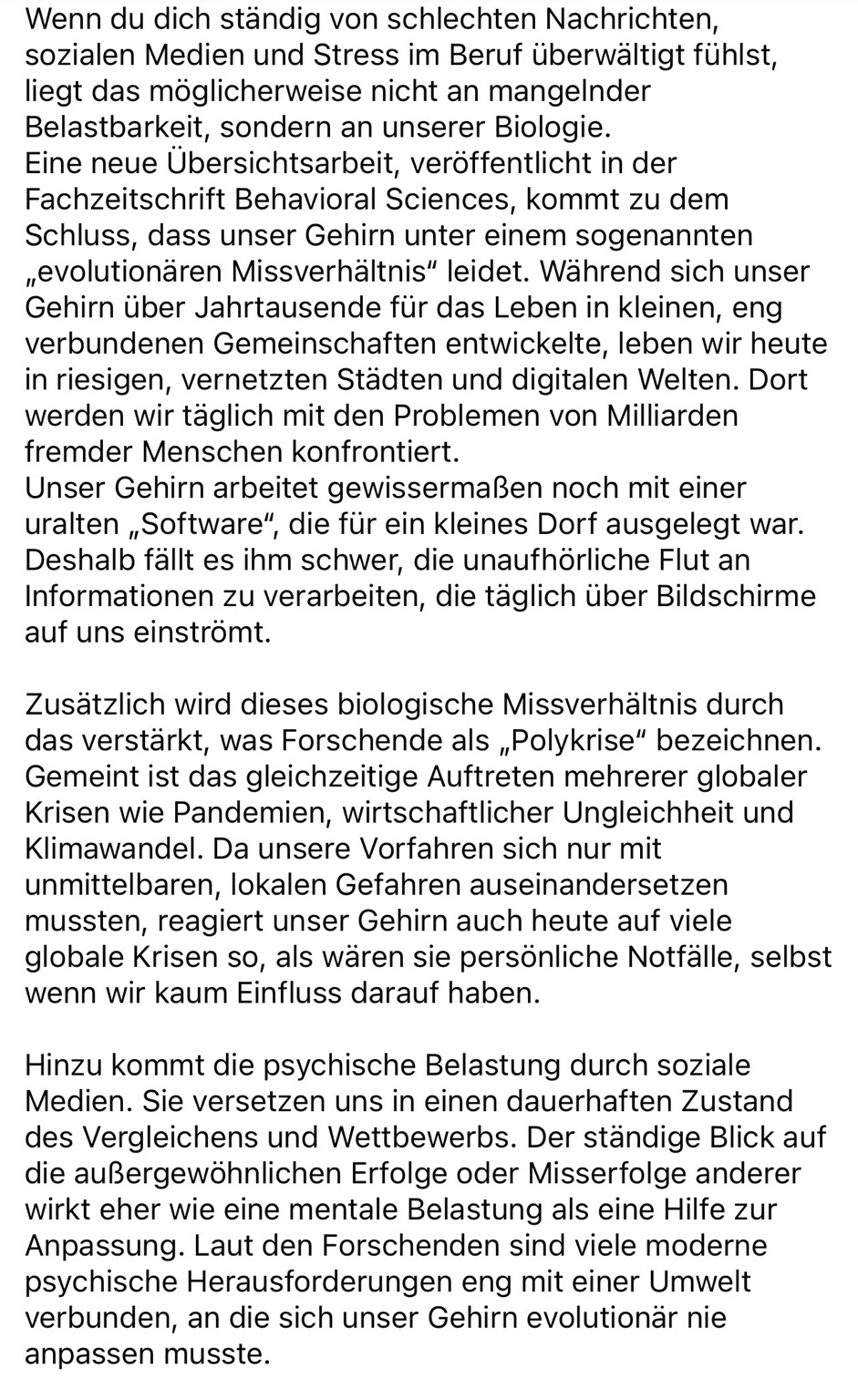 Text zur Überforderung des Gehirns mit der neuen Welt