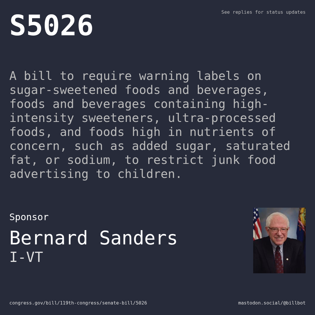 Description of S5026, and a depiction of its sponsor, Bernard Sanders.