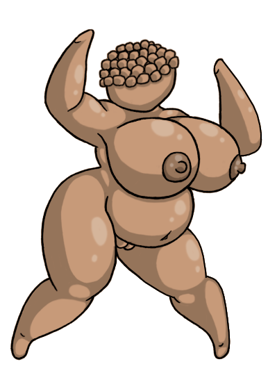 Drawing of the Venus of Willendorf, a piece of erotic palaeolithic art, reimagined in a dynamic pose, with her big breasts depicted in a more naturalistic style. The lips of her vulva can be seen between her thick thighs.