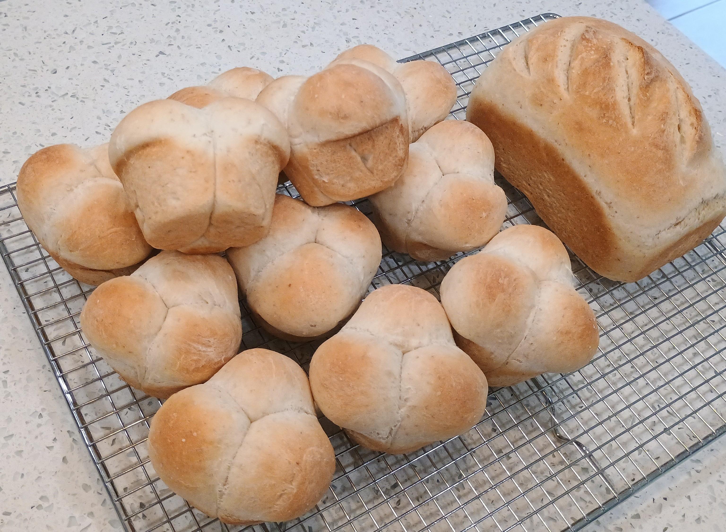 A set of three-lobed buns are coming on a rack and a small loaf is beside them.