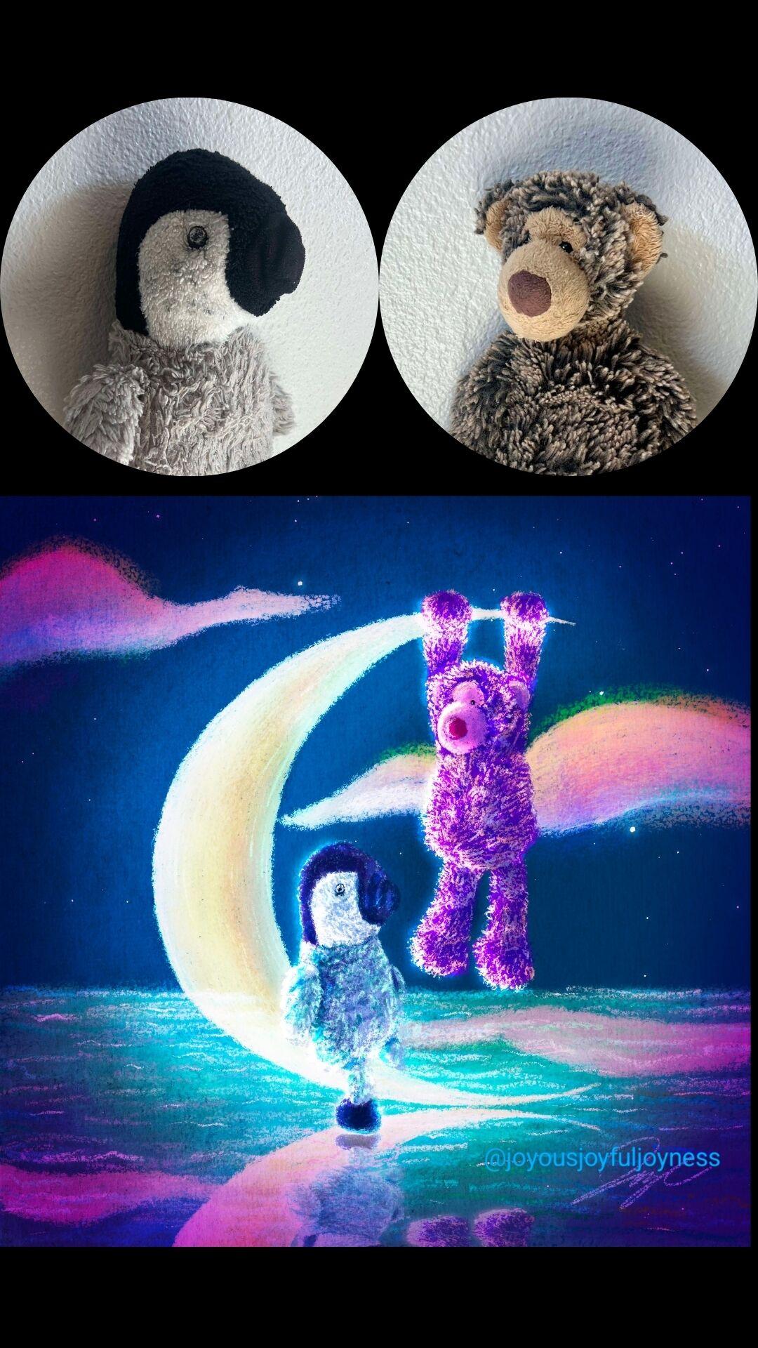 Two circles with two pictures of stuffed animals at the top. On the left is a stuffed penguin named Pinguini. On the right is a stuffed teddy bear named Mumu Bear. Below is a painting of the two stuffed animals playing on the moon. The penguin plush is sitting on a crescent moon over water. The teddy bear is hanging off the top of the cresecent moon. The artist's signature and watermark @joyousjoyfuljoyness are at the bottom right.