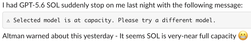 Screenshot of a forum post where a GPT-5.6 SOL customer is told "Selected model is at capacity. Please try a different model"