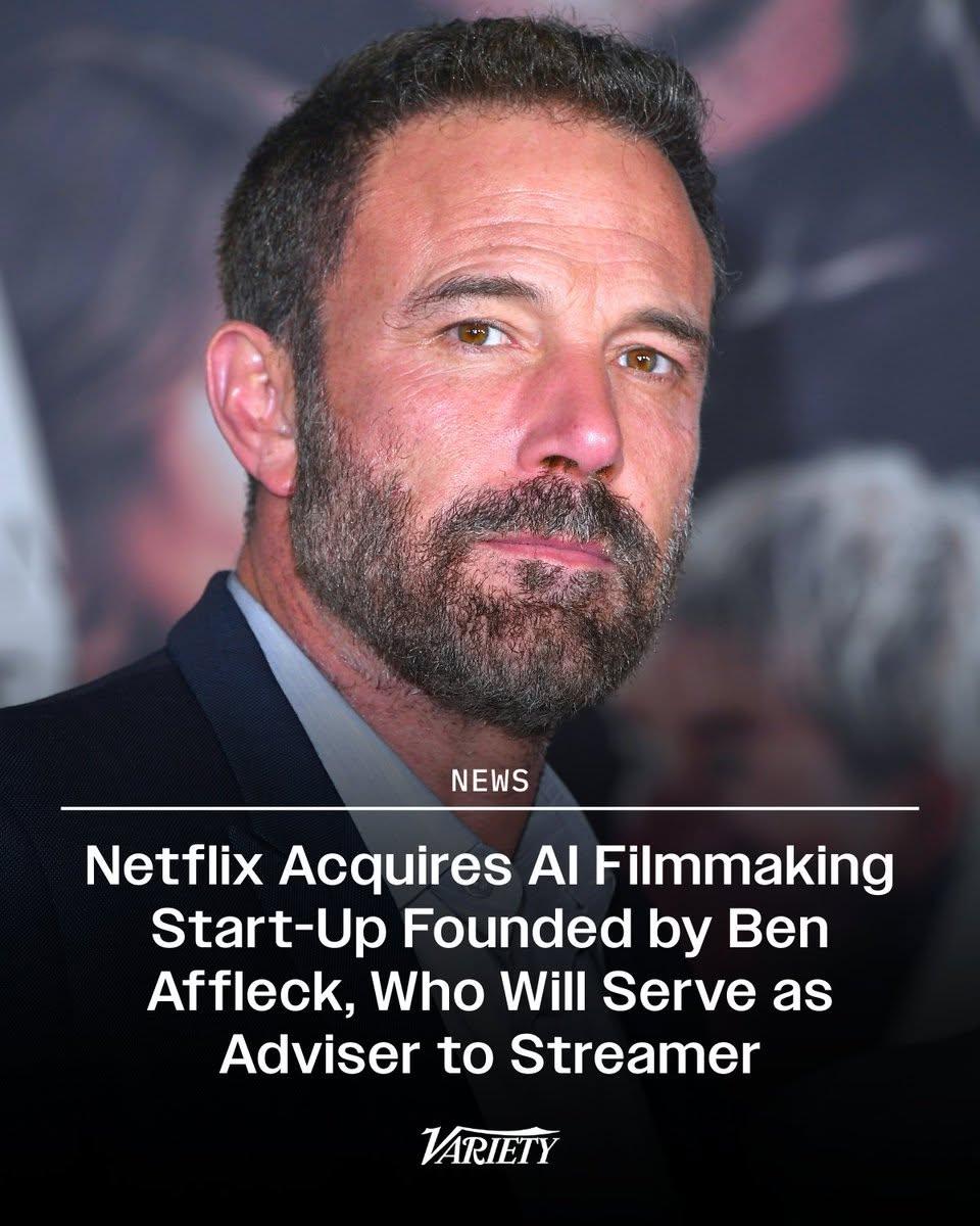 Netflix Acquires AI Filmmaking Start-Up Founded by Ben Affleck, Who Will Serve as Adviser to Streamer

https://variety.com/2026/film/news/netflix-acquires-ben-affleck-ai-filmmaking-startup-interpositive-1236679498/