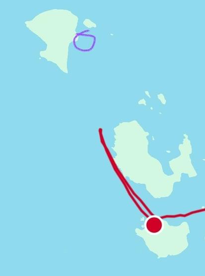 Karttakuva,  jossa oikeastaan alareunasta  tulee punainen jälki kahden saaren välistä. Jälki kääntyy luoteeseen kohti pohjoisessa olevaa saarta kunnes kääntyy takaisin kaakkoon puolessa välissä kahta saarta.
