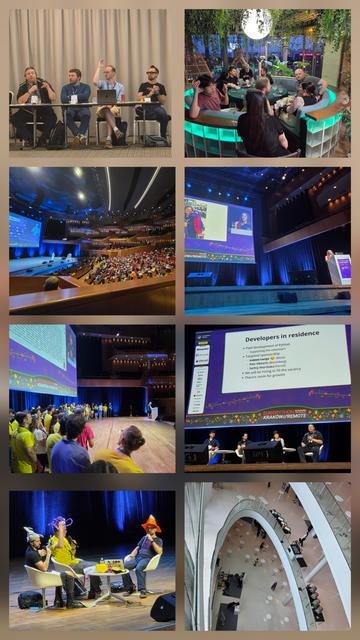 Collage of photos of people and events of EuroPython: summits, talks, keynote, dinners... 