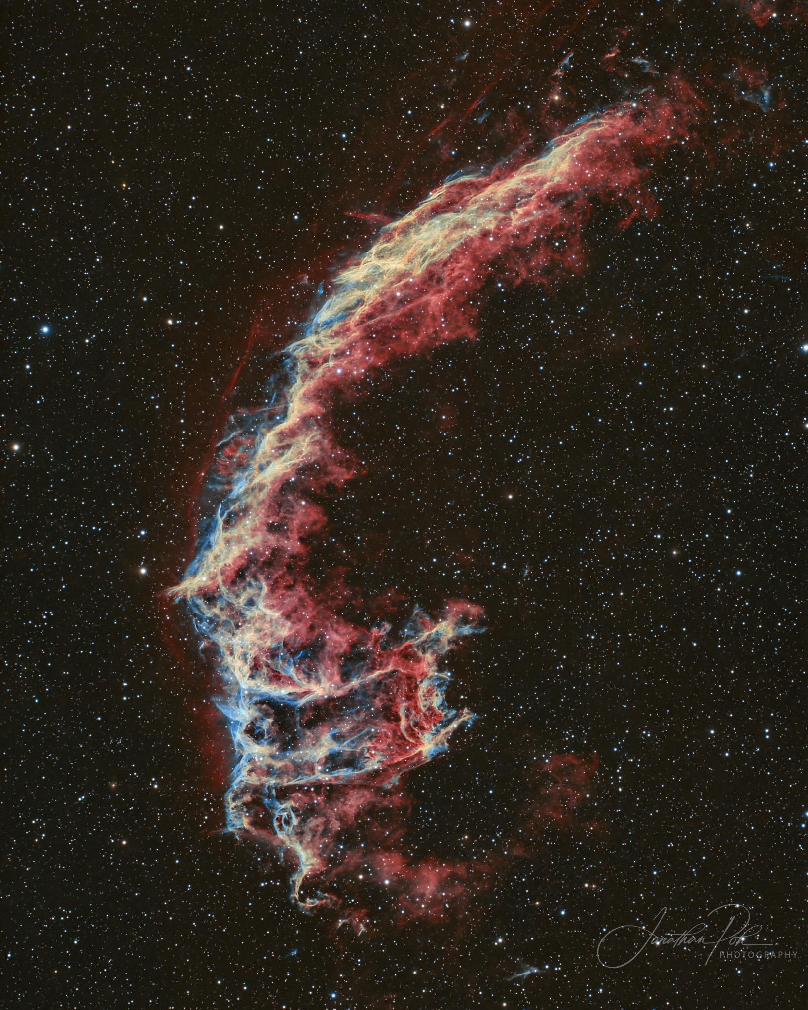 An astrophotography image of the Eastern Veil Nebula (NGC 6992)