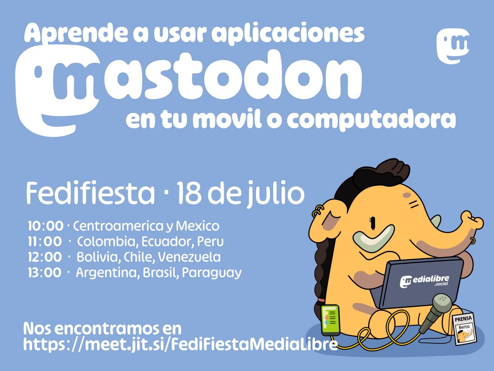 Aprende a usar aplicaciones Mastodon en tu móvil o computadora. Con una imagen de Berta, la mamut mascota, sentada.