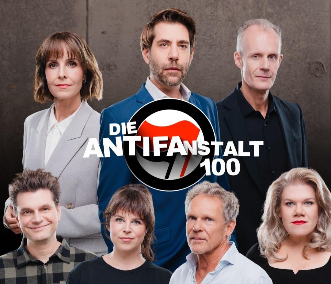 Sharepic zur 100. Sendung der Anstalt mit den Protagonisten der Ausgabe unter dem Titel "Die AntifAnstalt 100"