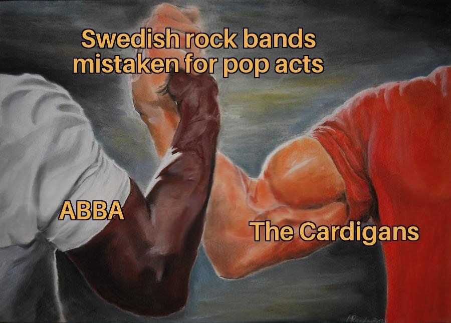 The epic handshake meme

One arm is labeled "ABBA", the other is labeled "The Cardigans", and their handshake is labeled "Swedish rock bands mistaken for pop acts"