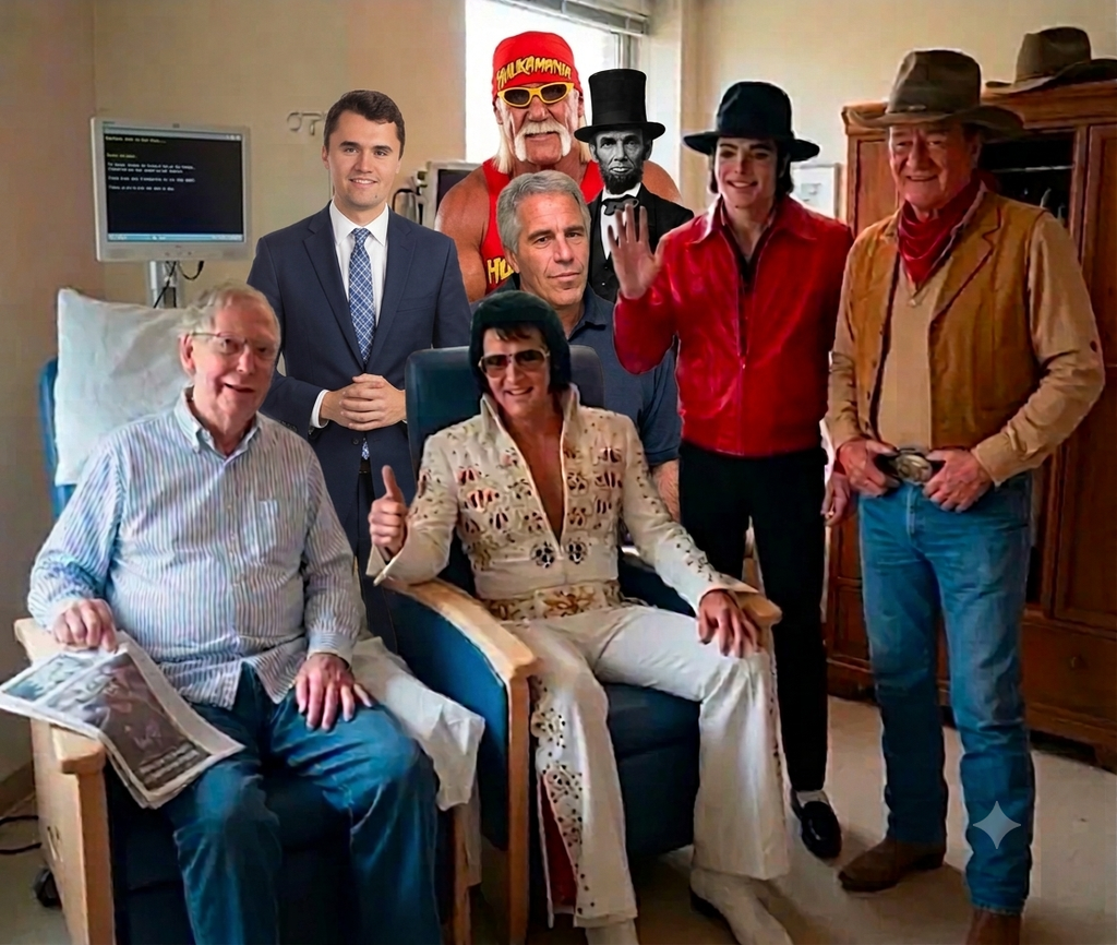 Mitch McConnell in a hospital chair surrounded by dead celebrities, including Elvis, Michael Jackson, John Wayne, Abraham Lincoln, Hulk Hogan, Jeffery Epstein and that guy that got shot in the throat whil protending gun violence isn't real.
