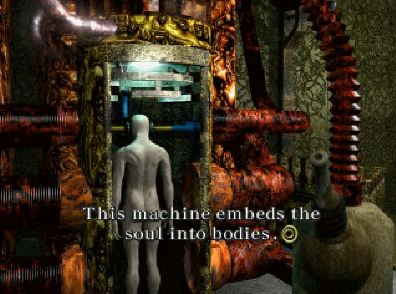 a naked formless body standing face first into a large, strange looking machine with pipes. overlaid text: this machine embeds the soul into bodies.