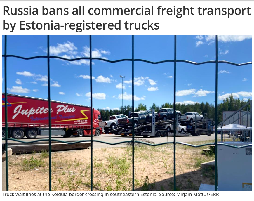 Russia has imposed a blanket ban on all commercial freight transport by Estonia-registered trucks, expanding upon existing restrictions on specific EU-origin carriers implemented in October 2022. #Russia #EU #Estonia