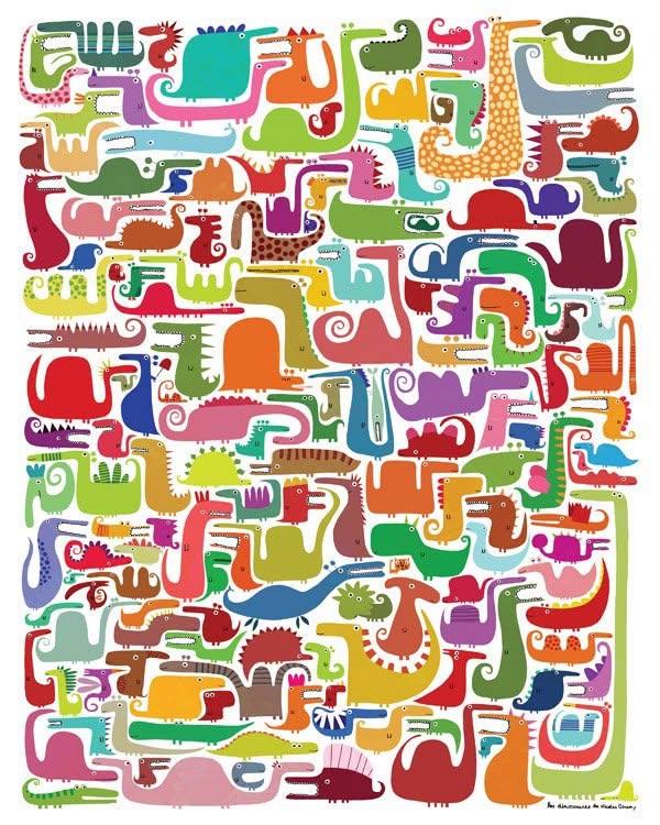de nombreux dinosaures petits et colorés et un petit chat parmi eux