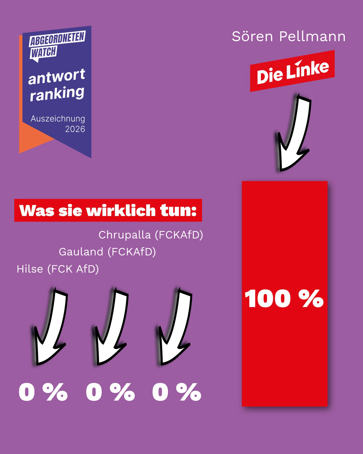 Was sie wirklich tun: Chrupalla, Gauland, Hülse: alle eine null. Rechts der Button für Sören Pellmann: 100 %.