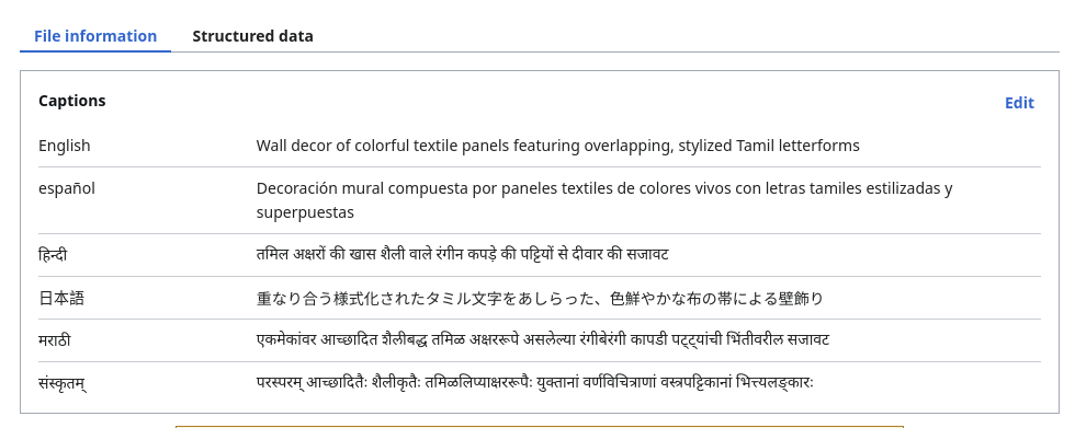 A screenshot of an entry on the Wikimedia Commons showing the "File information" tab selected above a section titled "Captions". The captions are listed in several languages, beginning with English: "Wall decor of colorful textile panels featuring overlapping, stylized Tamil letterforms", and Spanish: "Decoración mural compuesta por paneles textiles de colores vivos con letras tamiles estilizadas y superpuestas"