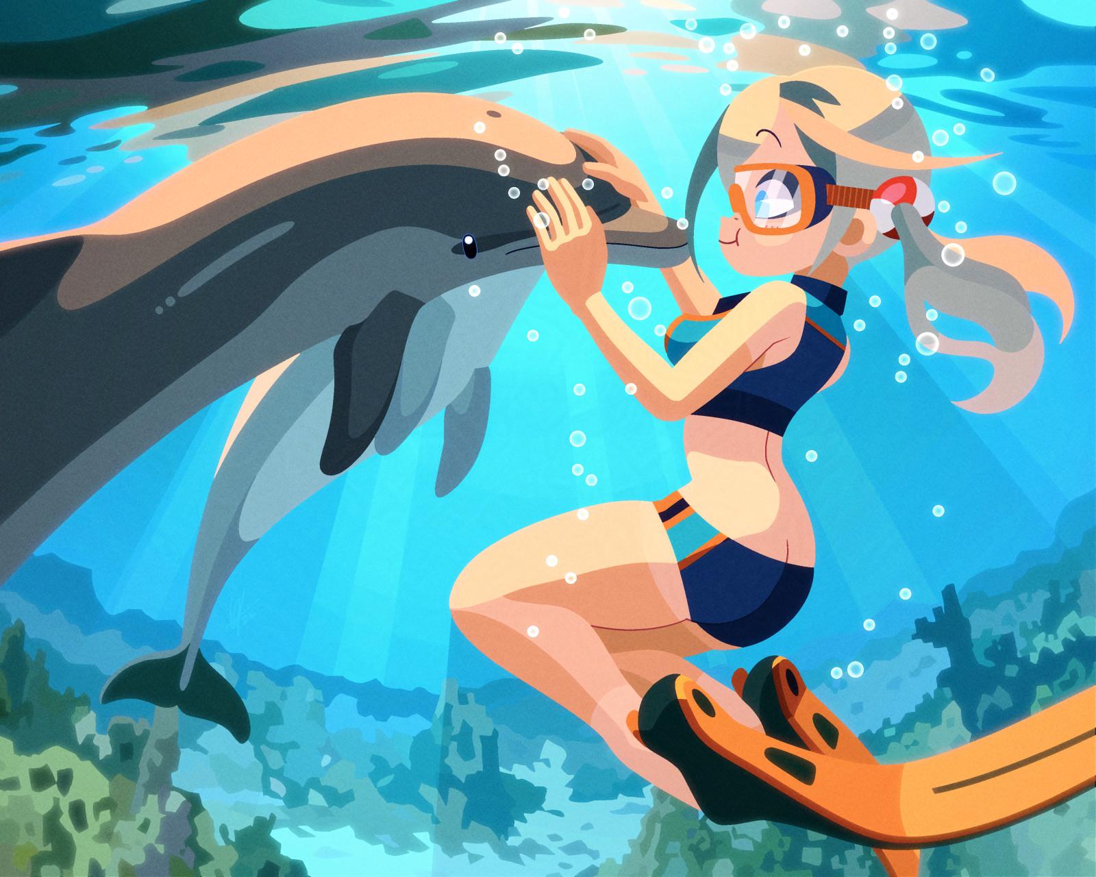 A drawing of Liliana Canistrelli submerged underwater. She's reaching out and touching the head of one of two dolphins that have approached her.
