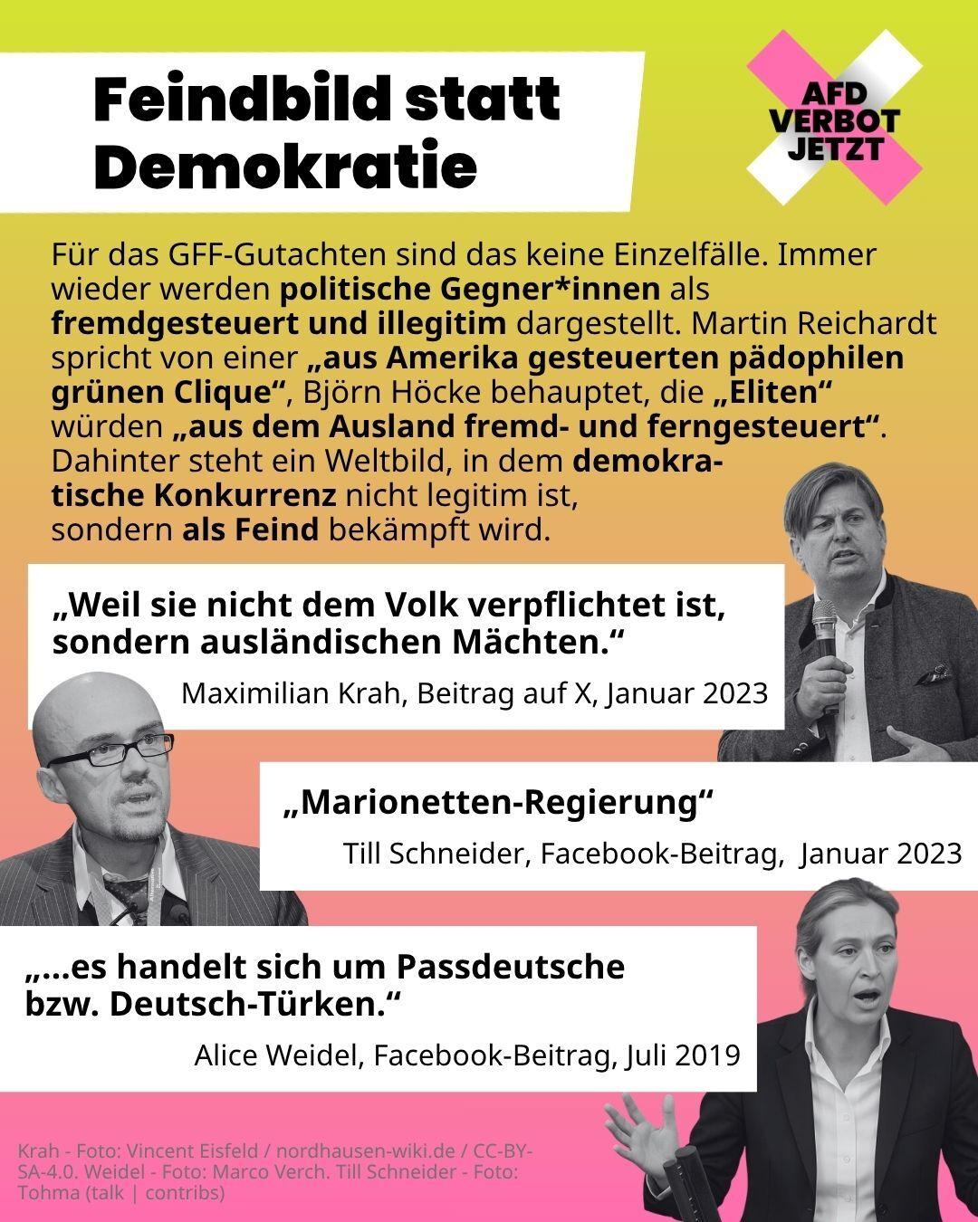 Eine Infografik mit dem Titel „Feindbild statt Demokratie“. Der Text beschreibt, dass die AfD politische Gegner als „fremdgesteuert und illegitim“ darstellt. Es werden drei Zitate von AfD-Politikern mit Porträtfotos aufgeführt: 1. Maximilian Krah: „Weil sie nicht dem Volk verpflichtet ist, sondern ausländischen Mächten.“ (Januar 2023). 2. Till Schneider: „Marionetten-Regierung“ (Januar 2023). 3. Alice Weidel: „...es handelt sich um Passdeutsche bzw. Deutsch-Türken.“ (Juli 2019). Zudem werden Aussagen von Martin Reichardt und Björn Höcke über angebliche Fremdsteuerung durch Eliten erwähnt.