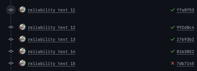 A Github pull request commit log wth messages "reliability test 11", "reliability test 12", up through 15, each with green checkmarks next to them, except for 15 which has a red X