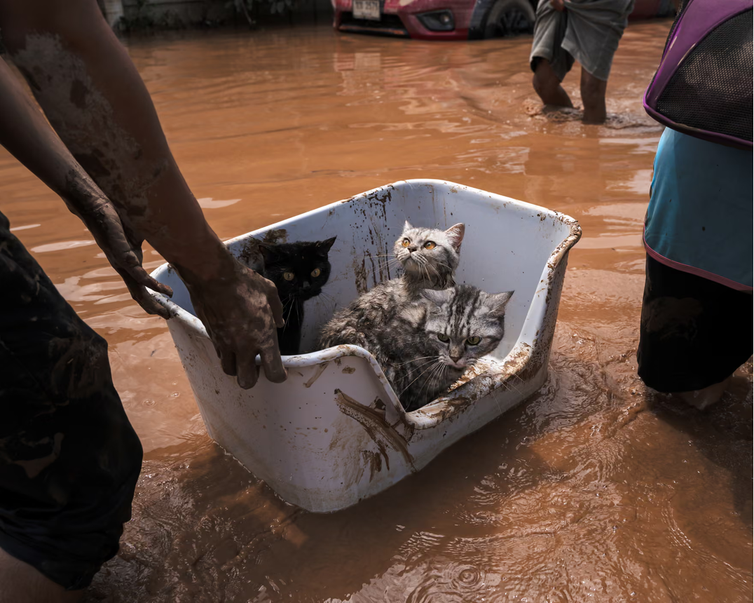 Rescued cats are ushered through floodwater in a plastic tub.