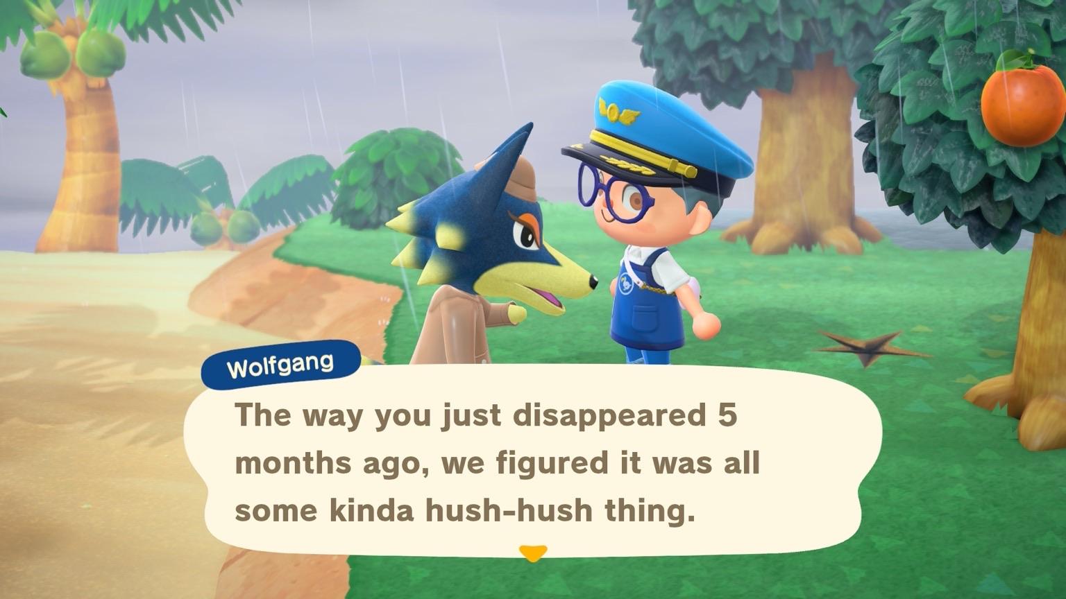 A character resembling a wolf named Wolfgang is conversing with a human character in a blue pilot uniform, under rainy skies on a tropical island. Trees and sandy ground are visible in the background.