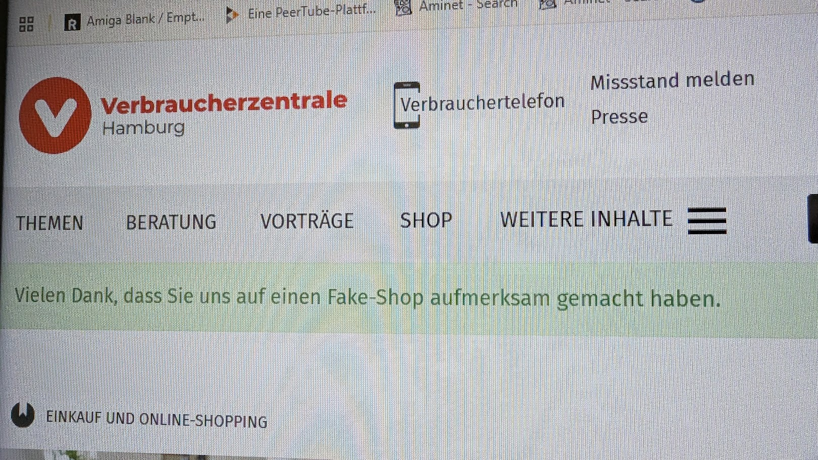 Screenshot der Verbraucherzentrale Hamburg, bei der ich gerade einen Fakeshop angemeldet habe und eine Bestätigung auf dem Bildschirm bekam.