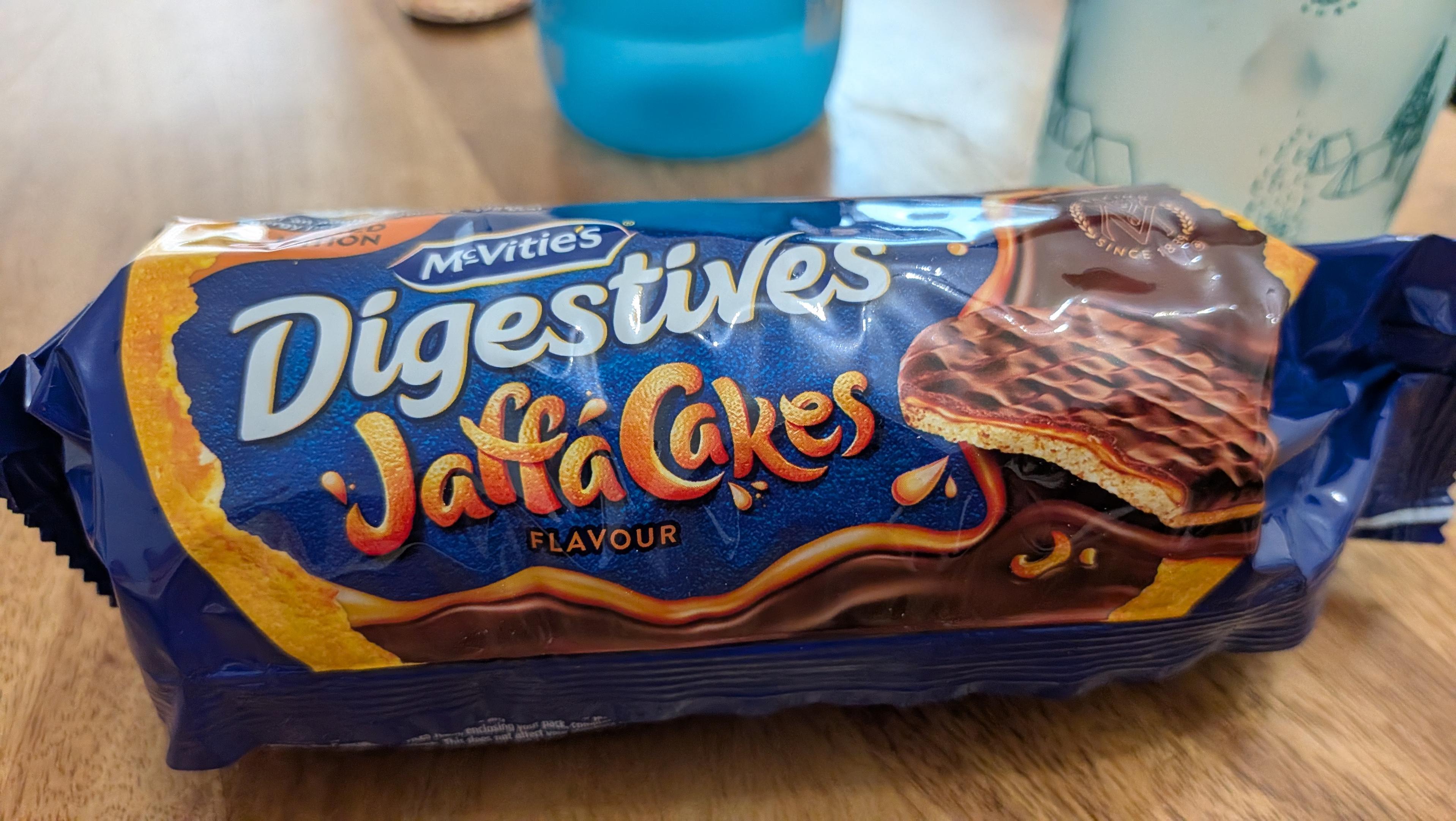 A packet of McVities Digestives Jaffa Cakes flavour