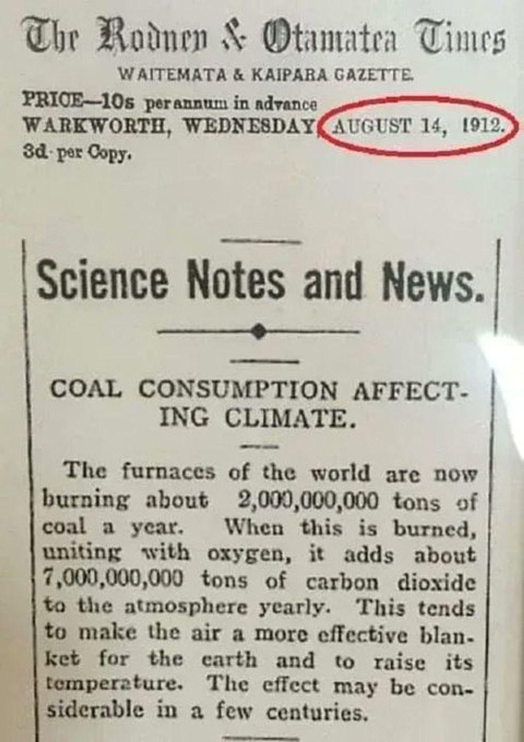 A newspaper article warning of coal consumption and its effect on climate...from 1914.