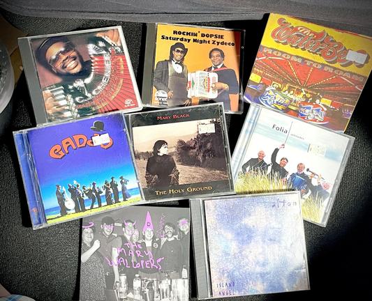 A spread of CDs by zydeco, “Celtic” and other accordion artists. CJ Chenier, Rockin’ Dopsie, The Waterboys, Gadjo, Mary Black, Folio, The Mary Wallopers. and Altan.