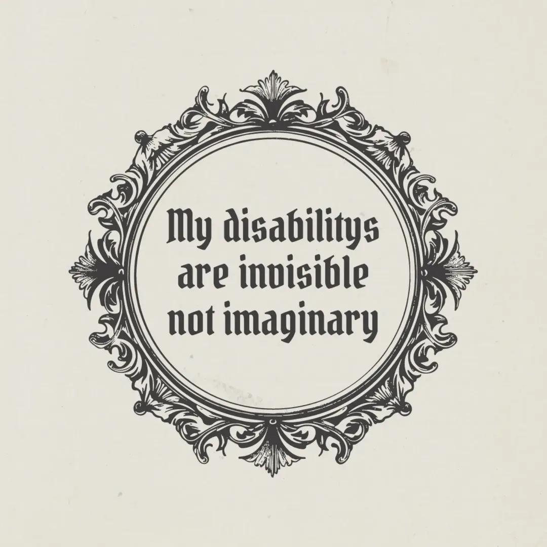 Eggshell color background with a black circle with designs around it on the inside of the circle it says my disabilities are invisible not imaginary