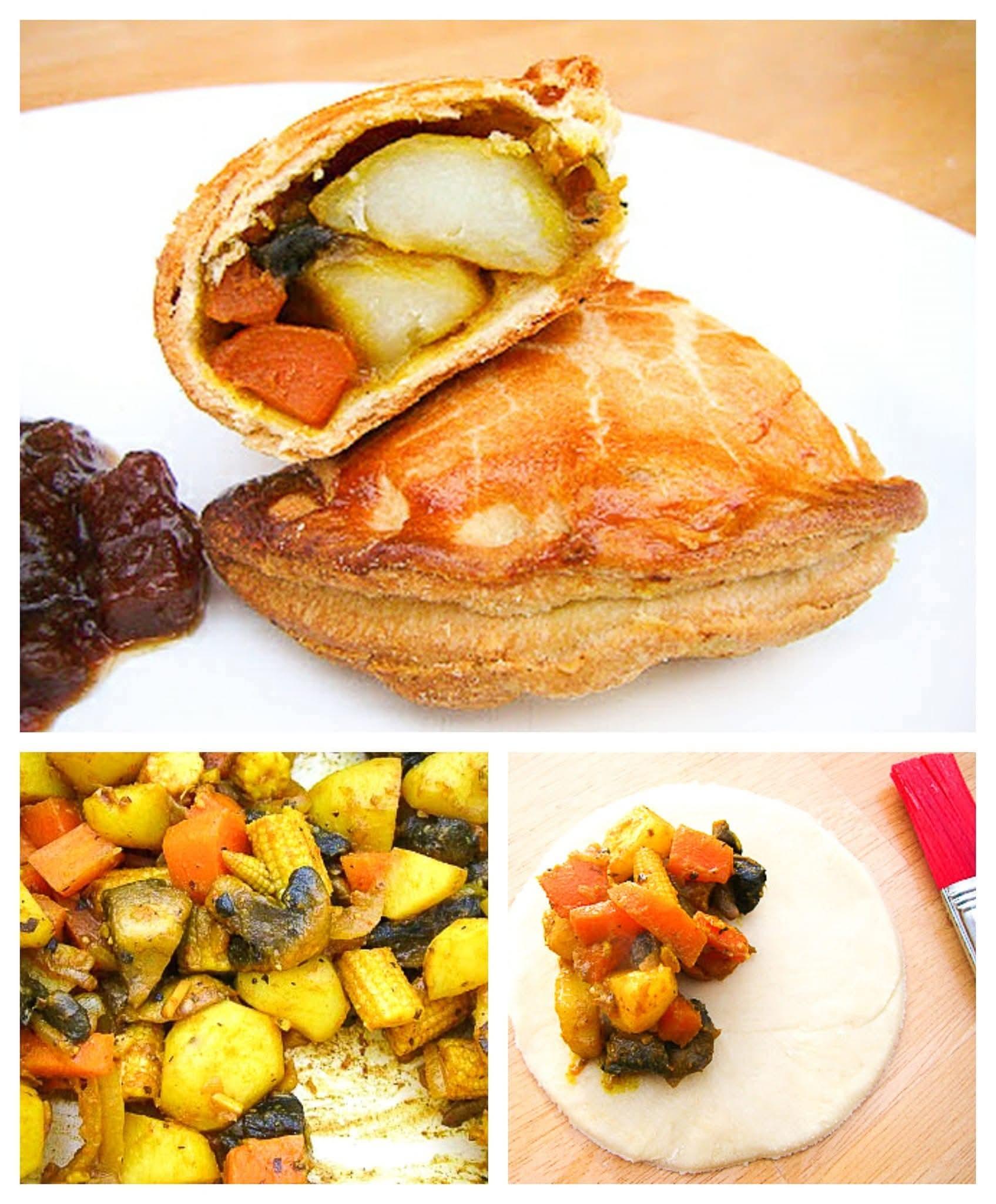Vegetables cooking for and final curried vegetable pasties.