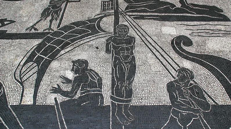 A black-and-white mosaic showing the Greek hero Odysseus tied to a ship mast