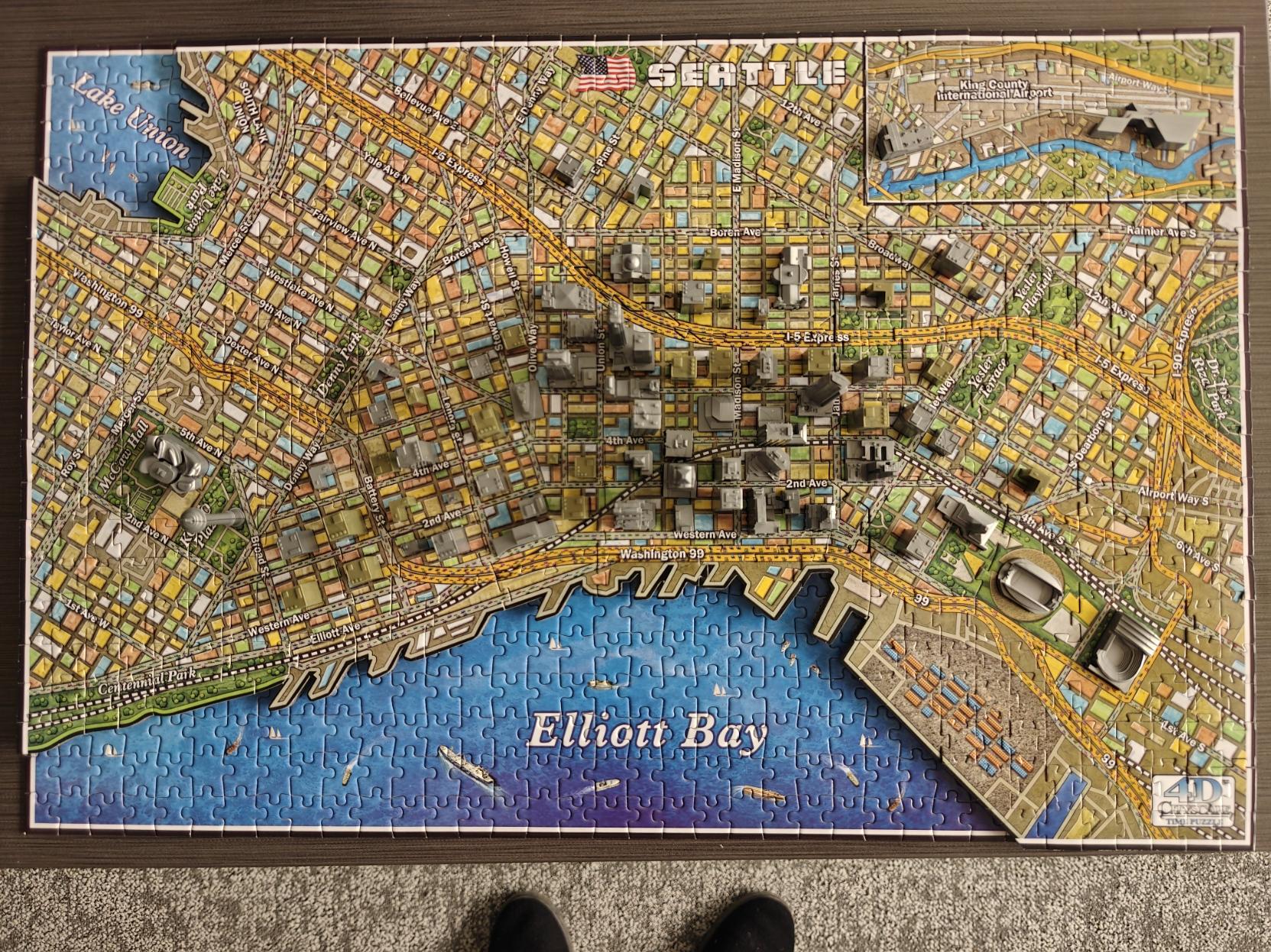 A completed 3D puzzle of Seattle.