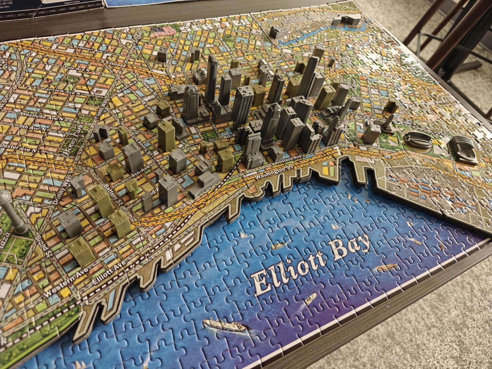The same puzzle showing Seattle, viewed from an angle to highlight the 3D elements.